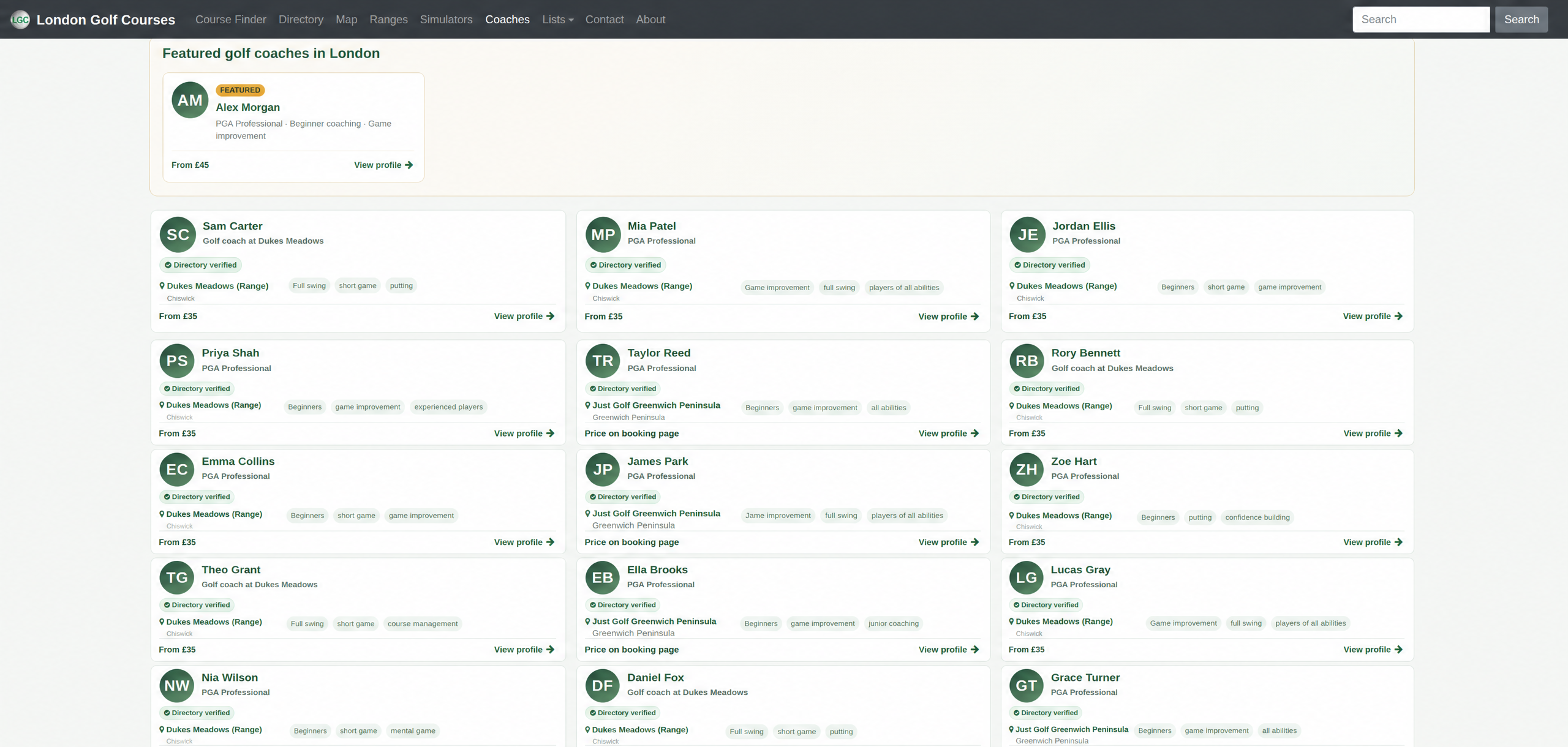 Desktop example of fictitious Featured Coach cards above the London Golf Coaches results
