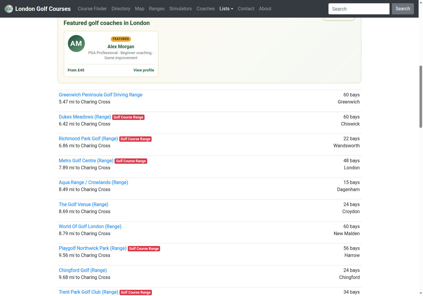 Desktop example of a fictitious Featured Coach card on the Driving Ranges discovery page