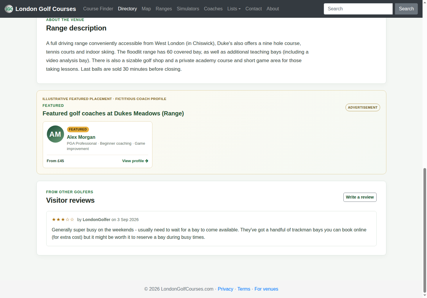 Desktop example of a fictitious Featured Coach card on the Dukes Meadows range page